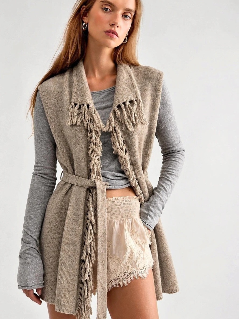 349. Max Studio Fringe Tie-Waist Vest in Brown Size Medium NWT
